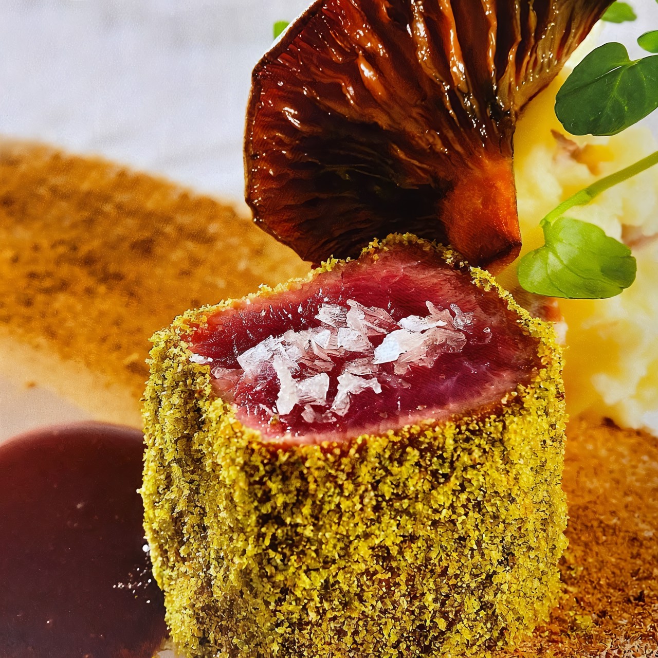 Баранина под грибным соусом с картофельным пюре и чичарронес