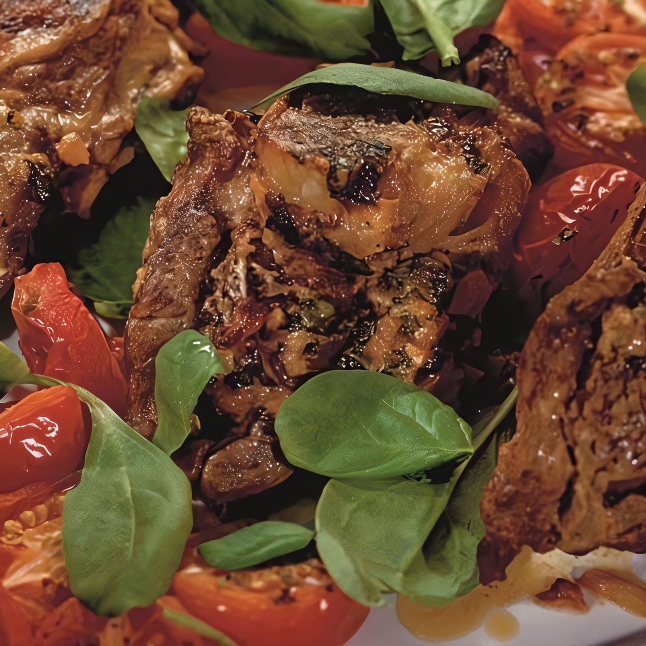 Баранина в йогуртовом маринаде с запеченными помидорами