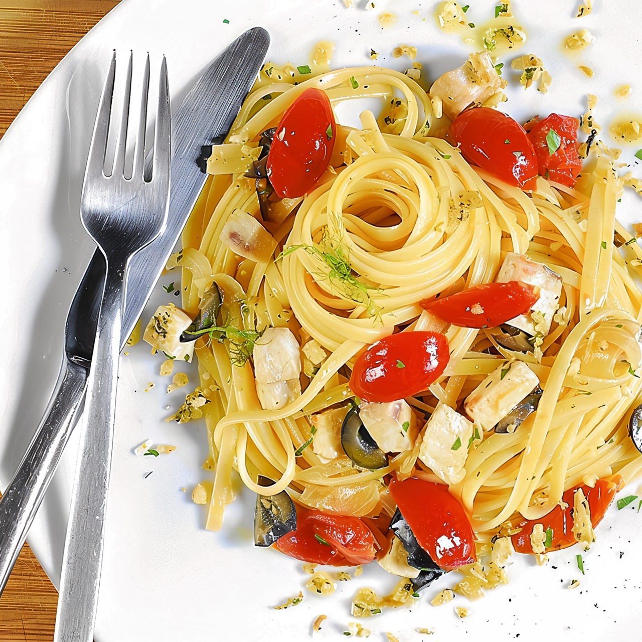 Баветте с меч-рыбой, маслинами и фенхелем