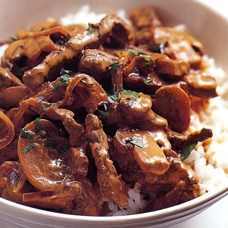 Бефстроганов с грибами, корнишонами и рисом