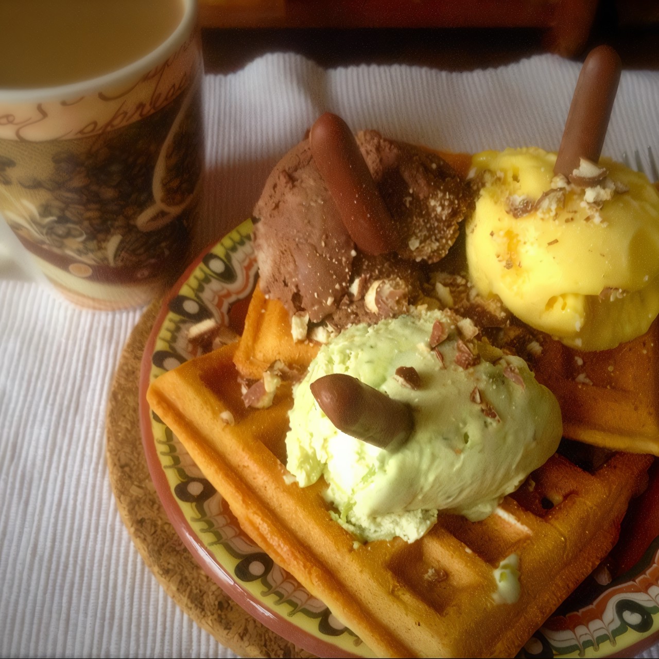 Бельгийские вафли с мороженным и взбитыми сливками