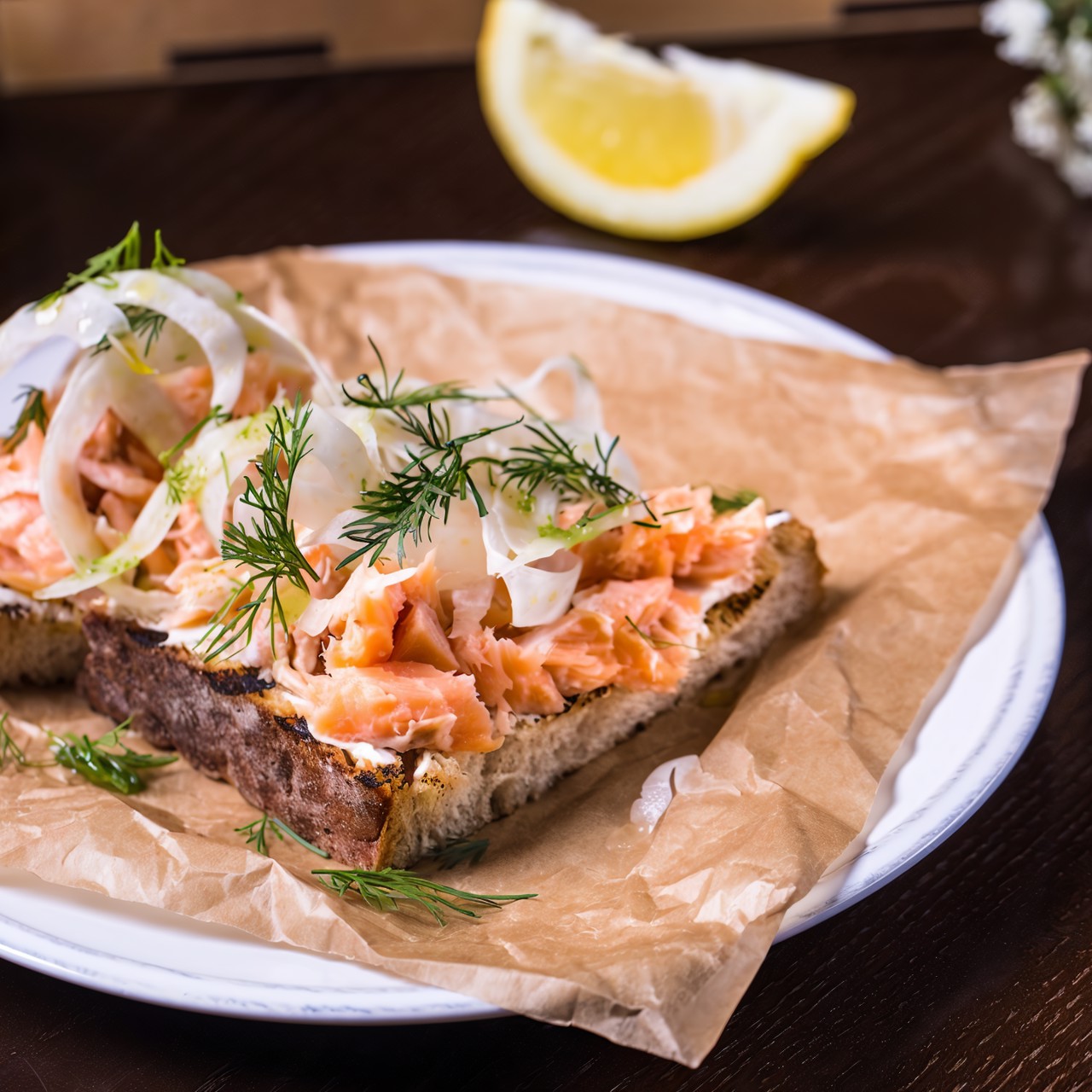 Брускетта с лососем, фенхелем и сыром