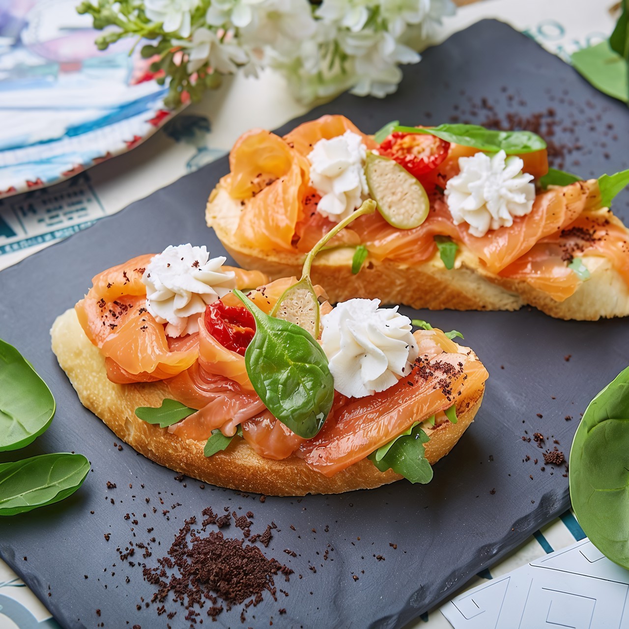 Брускетта со слабосоленым лососем и козьим сыром