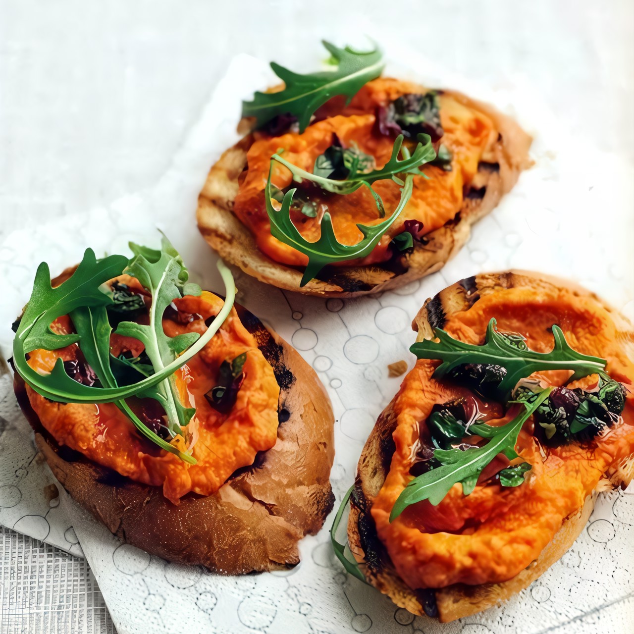Брускетты с овощным пюре  и рукколой