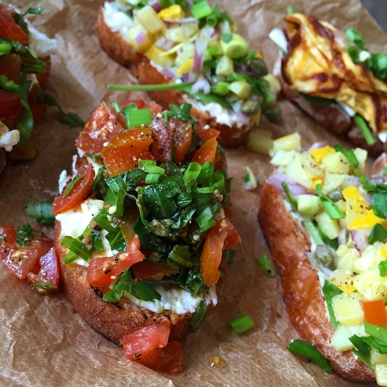 Брусскетта с томатом, рукколой, омлетом и ореховым соусом