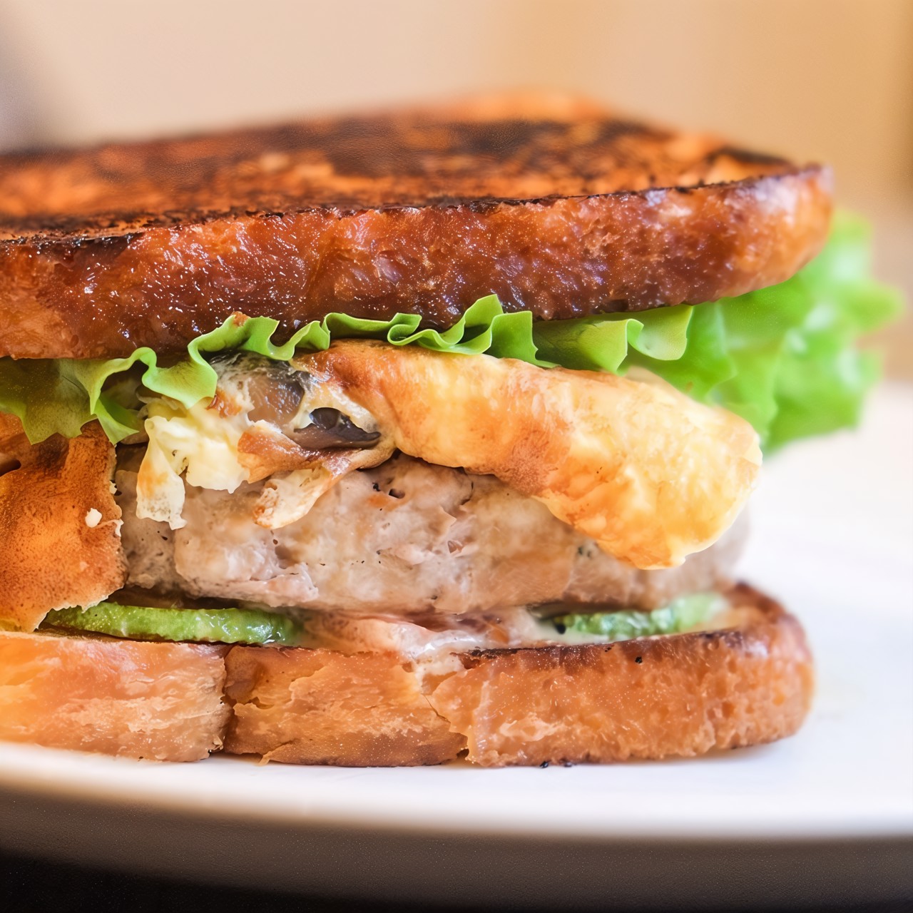 Бургер на тостовом хлебе с цукини, омлетом с шампиньонами и заправкой из домашнего майонеза