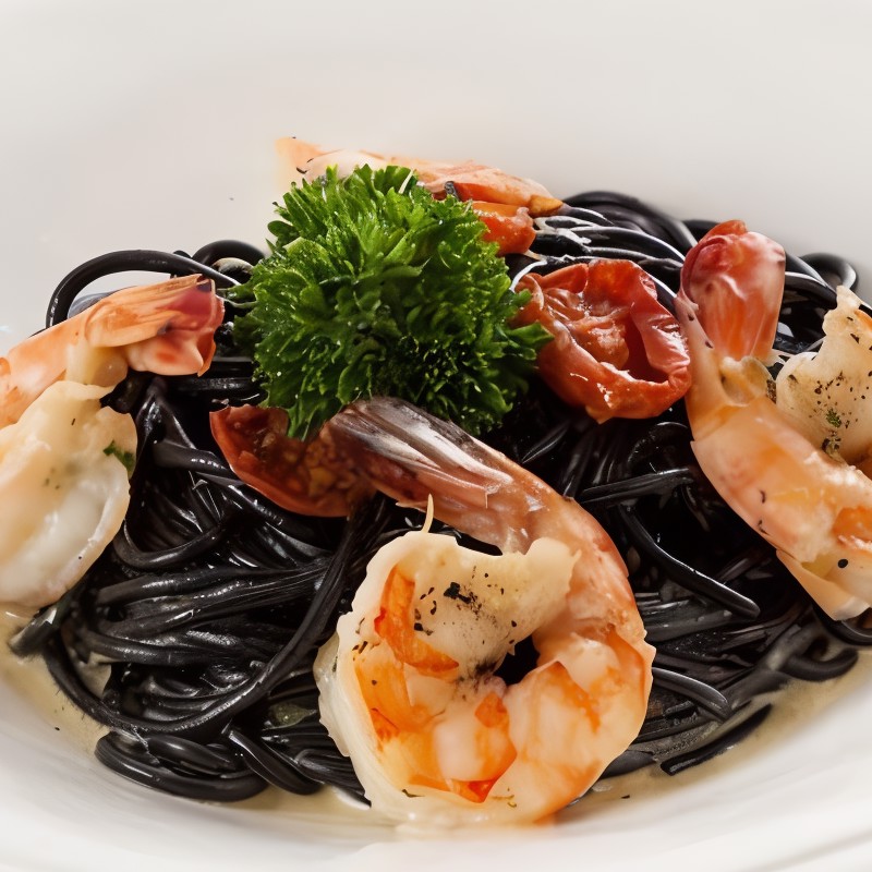 Черные спагетти с лососем и моцареллой