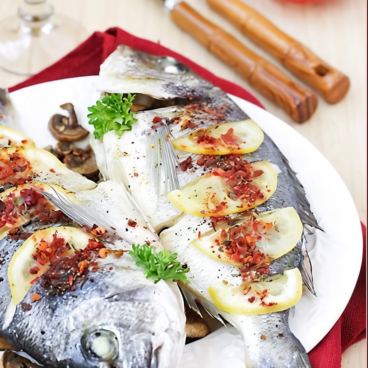 Дорада с грибами, приготовленная на пару