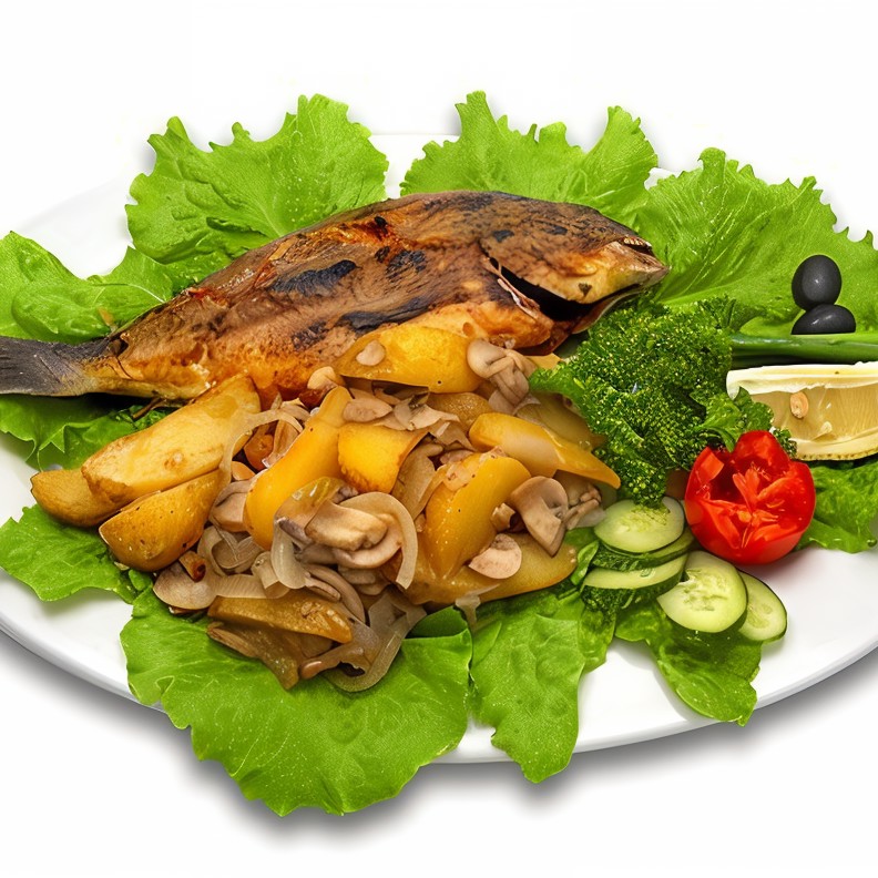 Дорада, запеченая с картофелем, петрушкой, чесноком и пекорино