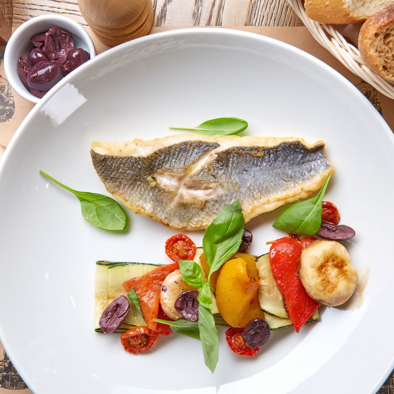 Филе Бранзино с неаполитанским гарниром