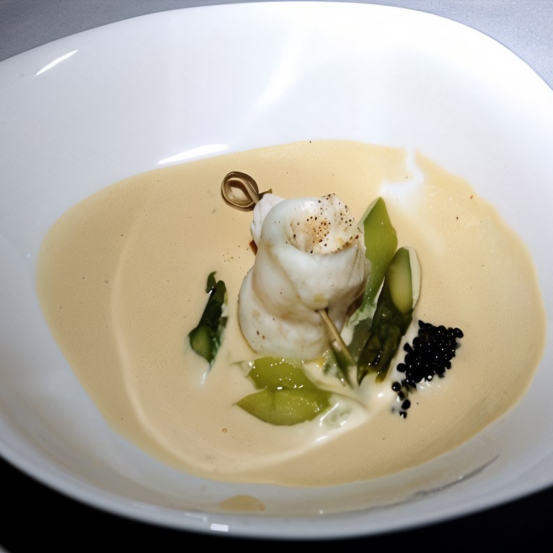 Филе Сан-пьера с спаржей и черной икрой, под соусом «Шампань»