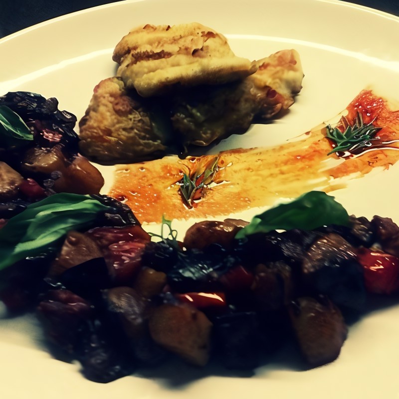 Филе трески с глазированными овощами фламбе