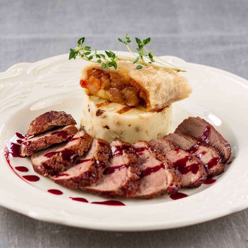 Филе утки с пюре и вишневым соусом