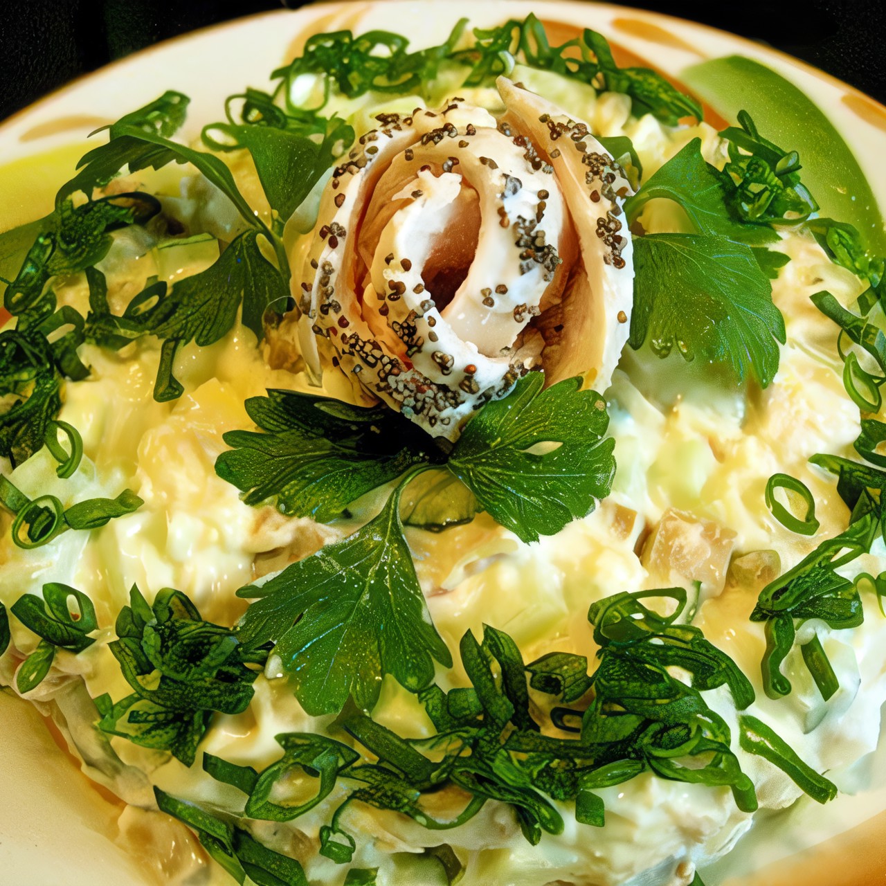 Французский салат с копченой колбасой