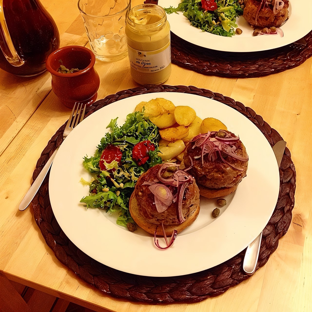 Говяжьи бургеры с голубым сыром, виски, красным луком и горчицей, с гарниром из картофеля