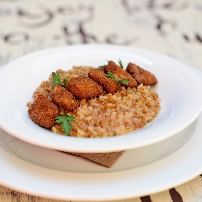 Гречетто с лимоном, куриными желудочками и сыром пармезан