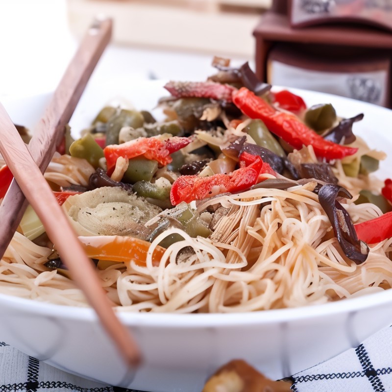 Грибы с чили, имбирем и лапшой соба