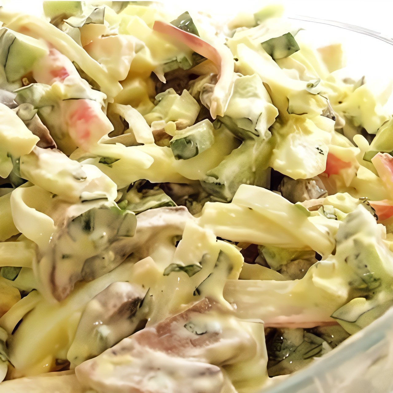 Грибной салат с крабовыми палочками и огурцами