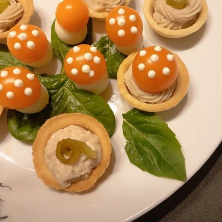 Закусочные грибочки мухоморы из черри и перепелиных яиц