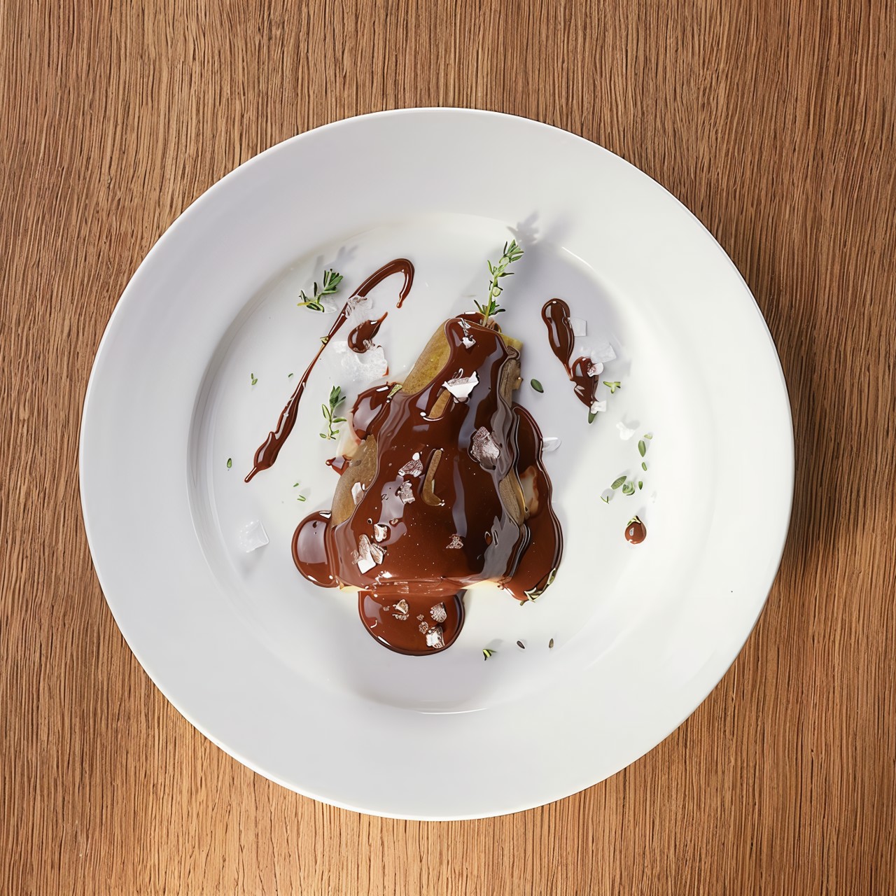 Груша с шоколадным соусом, сыром и цветами соли