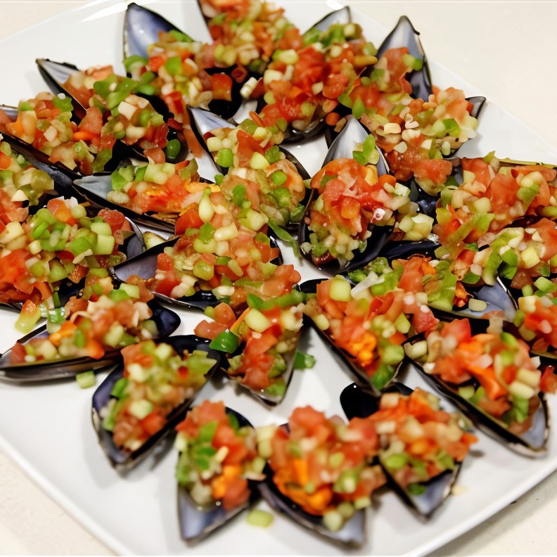 Холодные мидии под овощной шубой