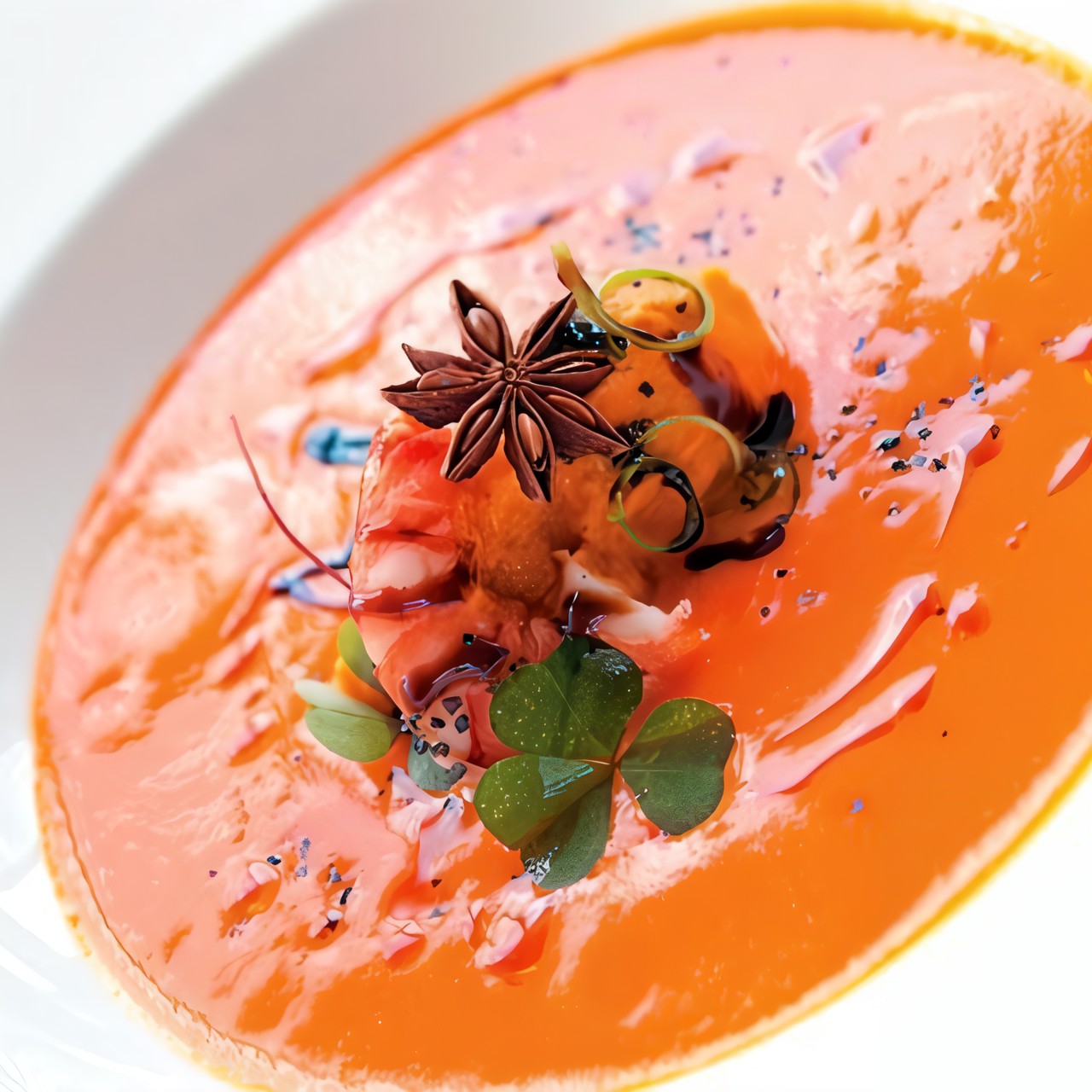 Холодный тыквенный суп с теплыми креветками