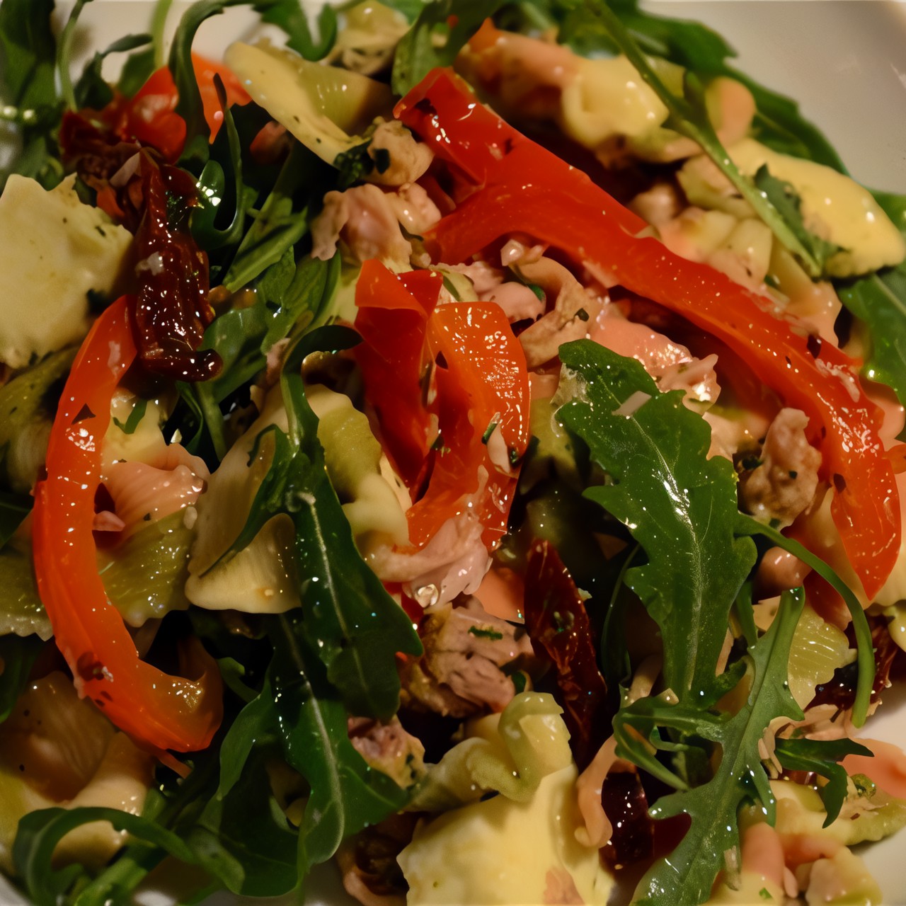 Итальянский салат с пастой, тунцом и вялеными томатами