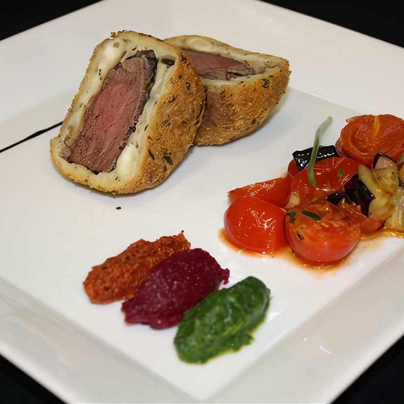 Ягненок с капанатой, с фасолью и тремя видами пюре