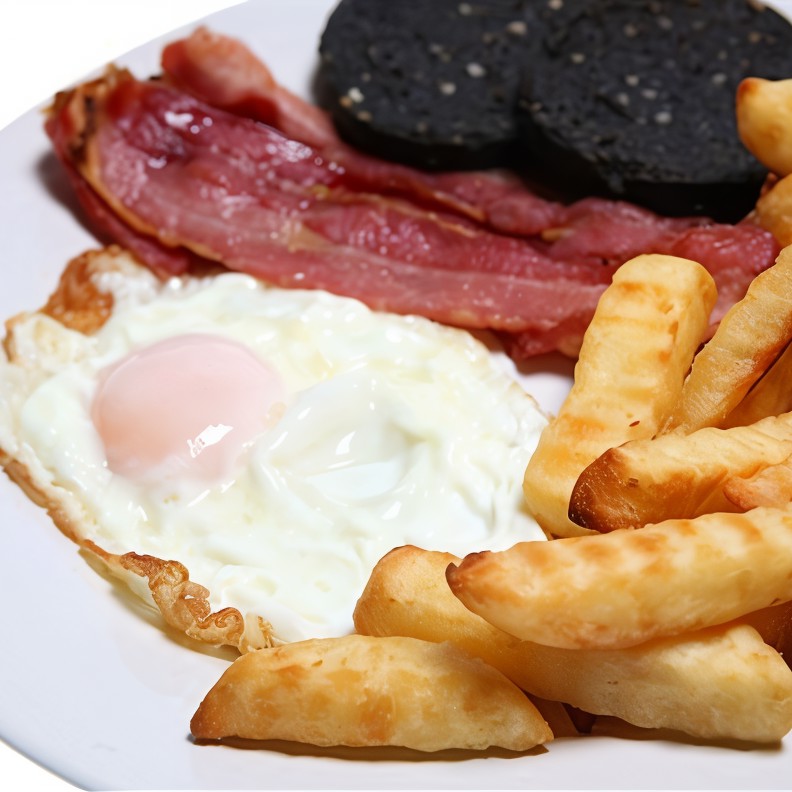 Яичница с картофельной соломкой и беконом