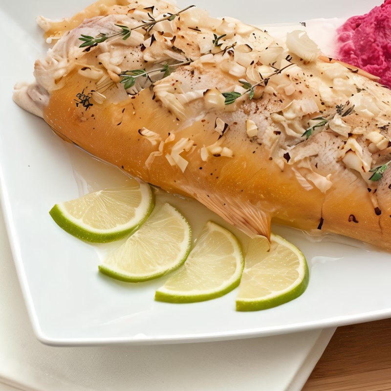 Янтарная форель, запеченная с луком