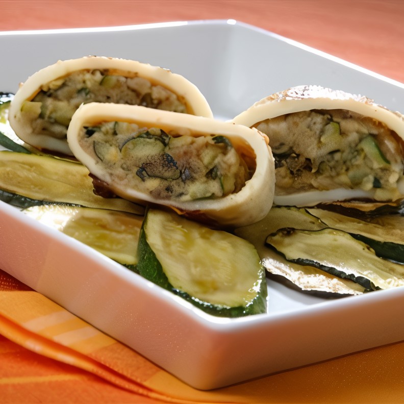 Кальмары фаршированные цукини, грибами и картофелем