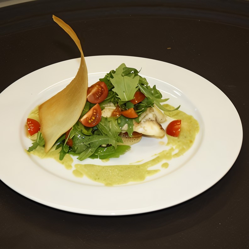 Камбала с картофелем, рукколой, помидорами черри и кремом из спаржи и пастернака