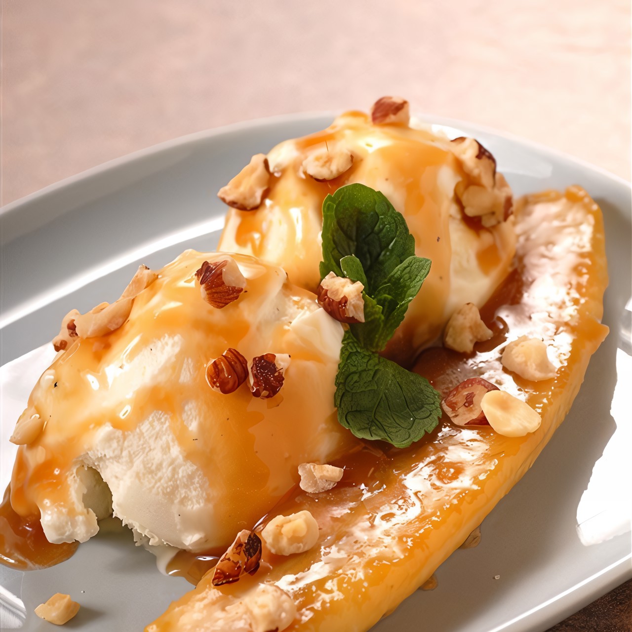 Карамелизованные бананы с ромовым соусом и орехами