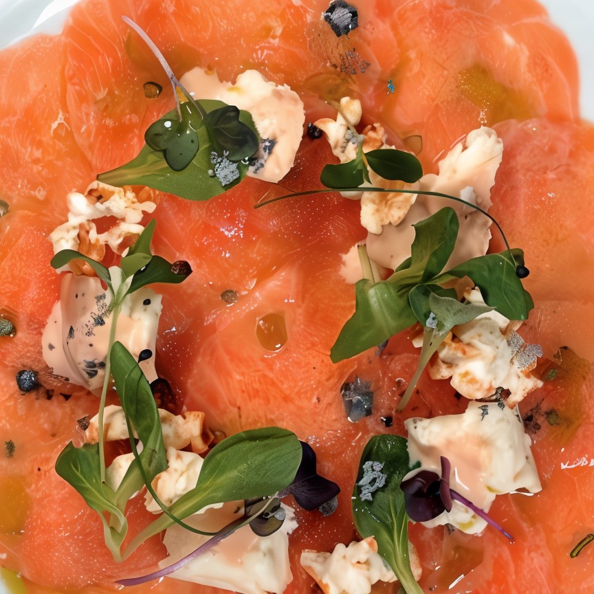 Карпаччо из лосося с азиатским соусом и попкорном