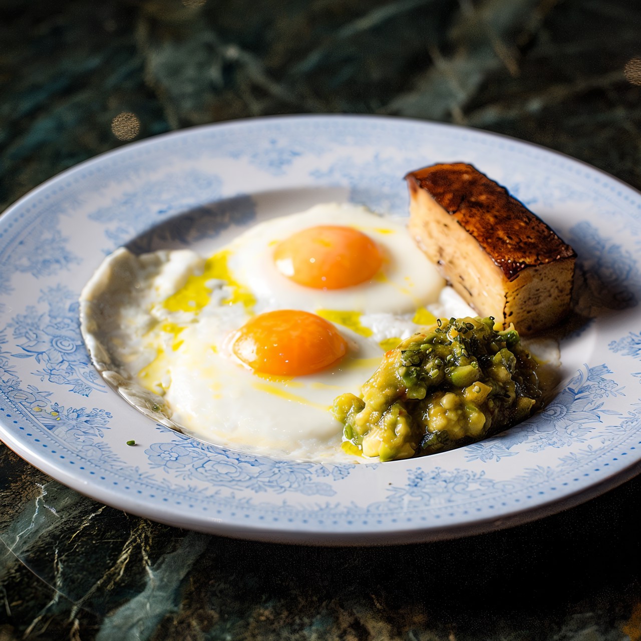 Картофельный гратен со сладким кремом из авокадо и яичницей