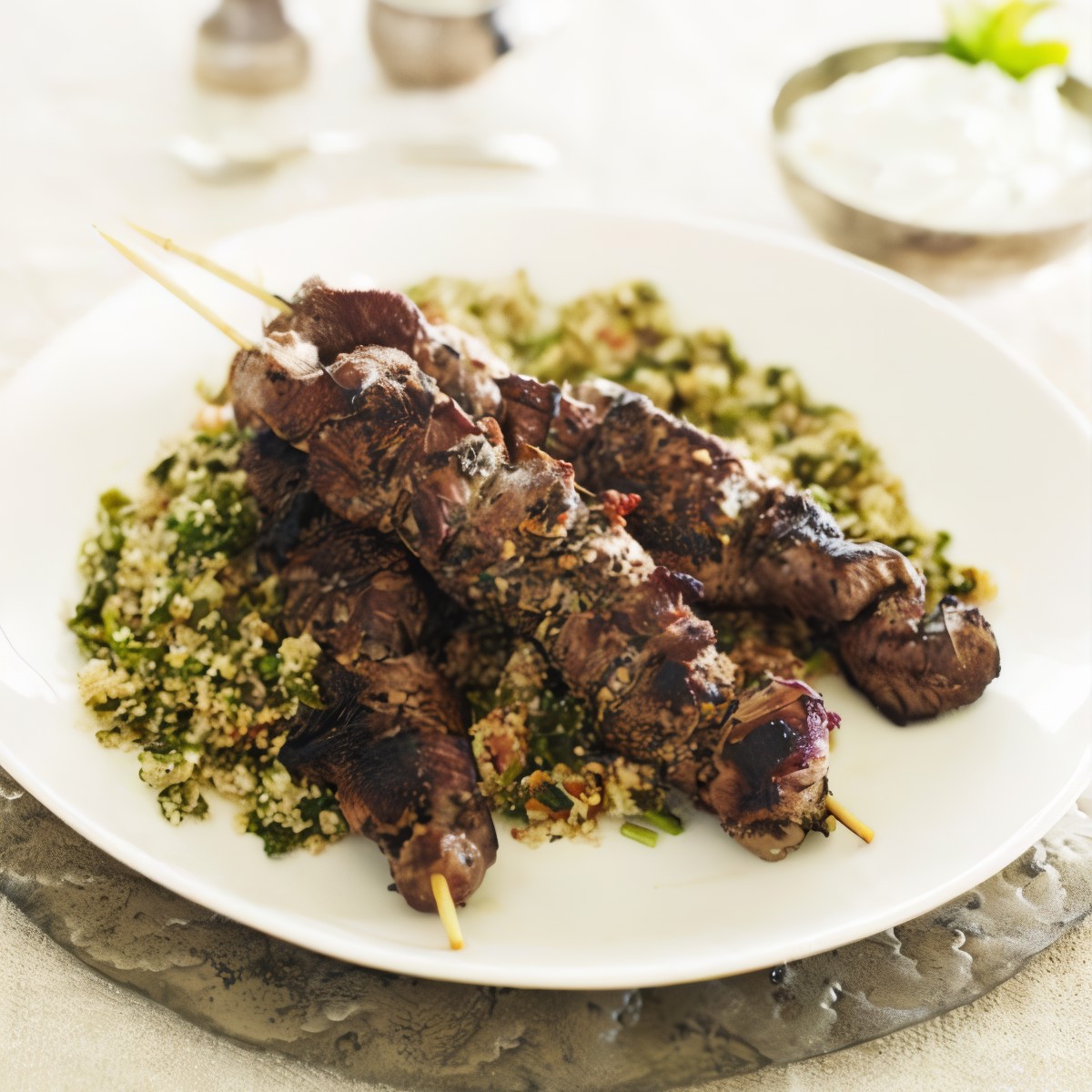 Кебабы из баранины и телятины с салатом из ризони