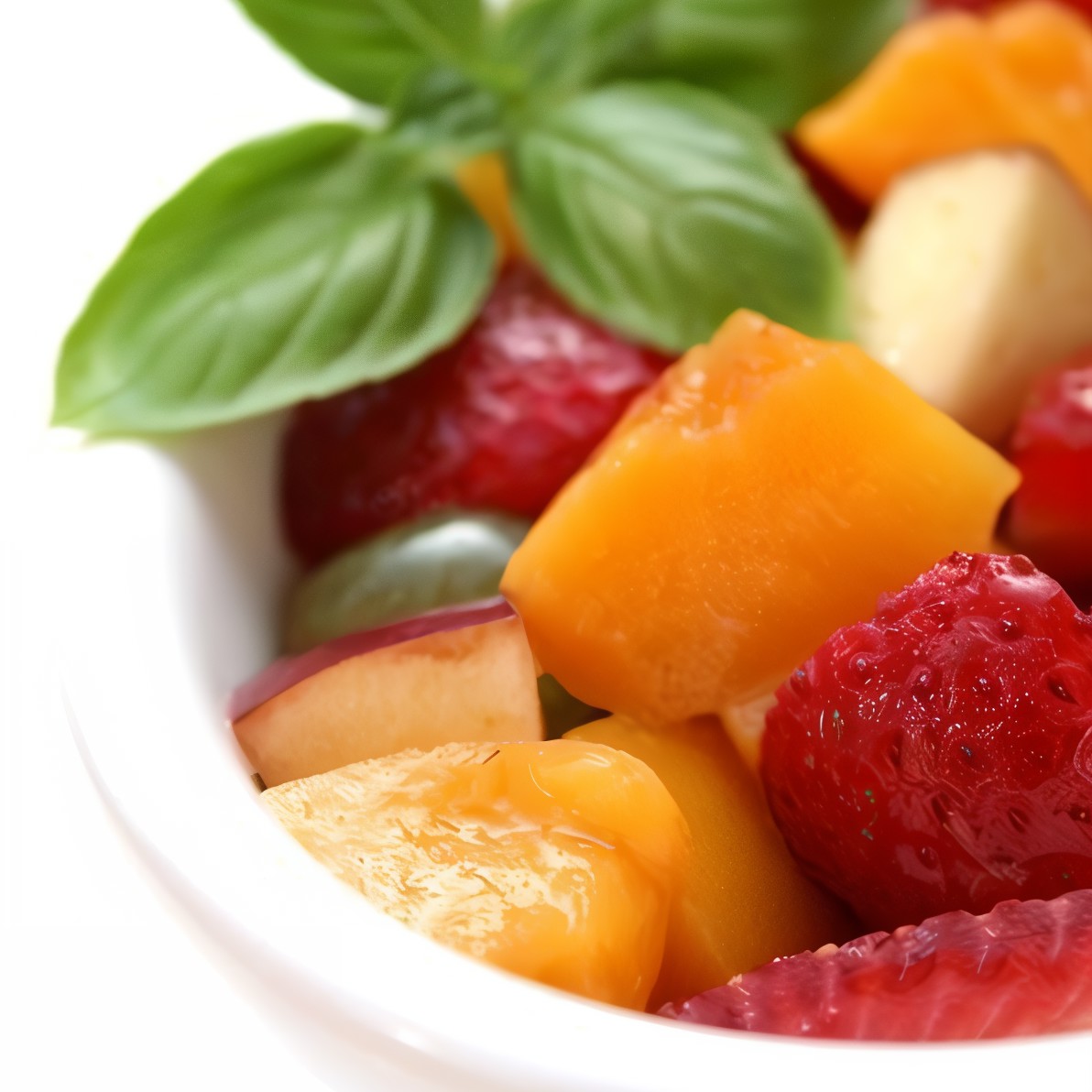 Клубнично-персиковый салат с дыней, шампанским и ягодным соусом