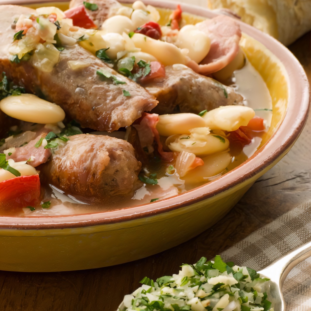 Колбаски с фасолевым рагу с соусом персилад