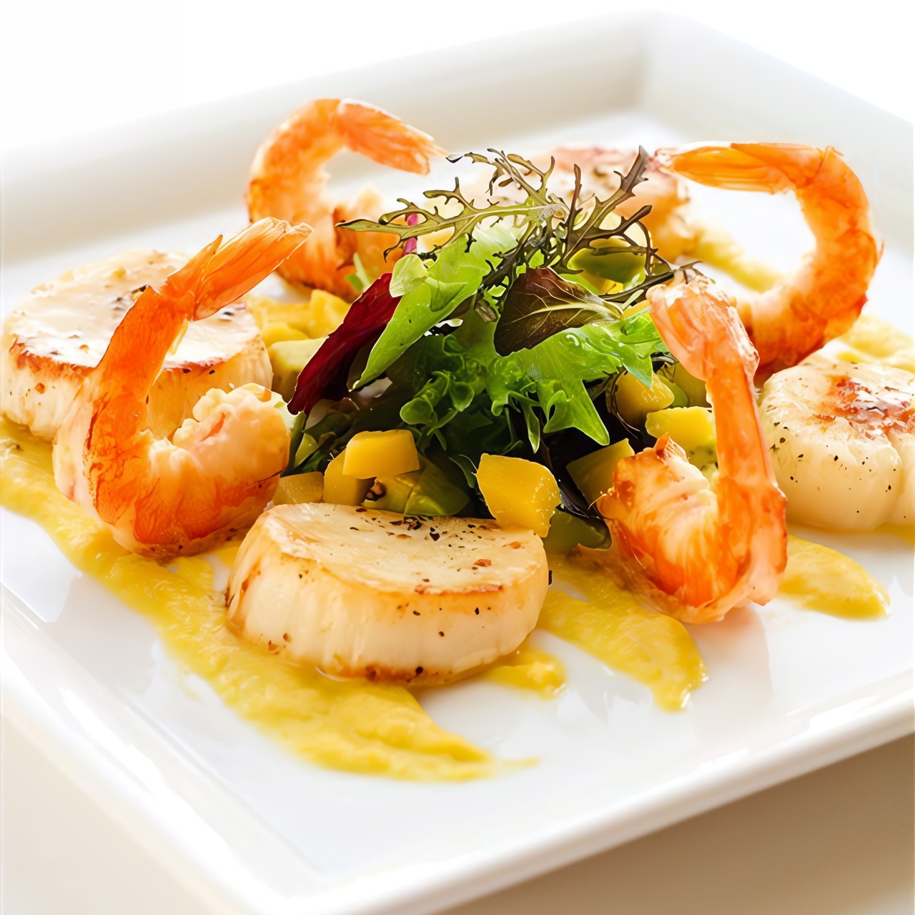 Креветки на гриле в ямайских специях с сальсой из манго, авокадо и лука на гриле