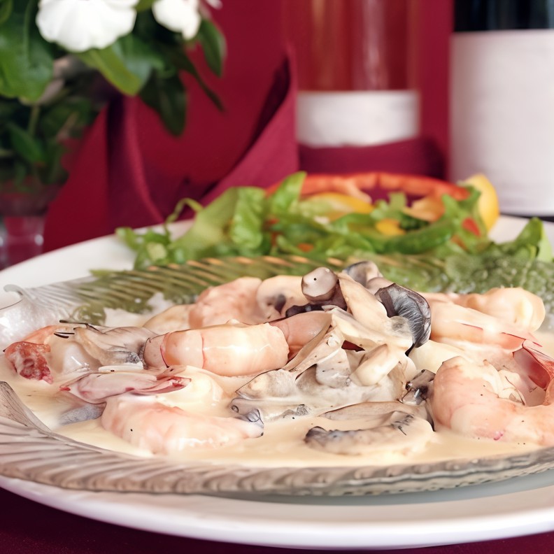 Креветки с текилой, сливками и зеленым луком