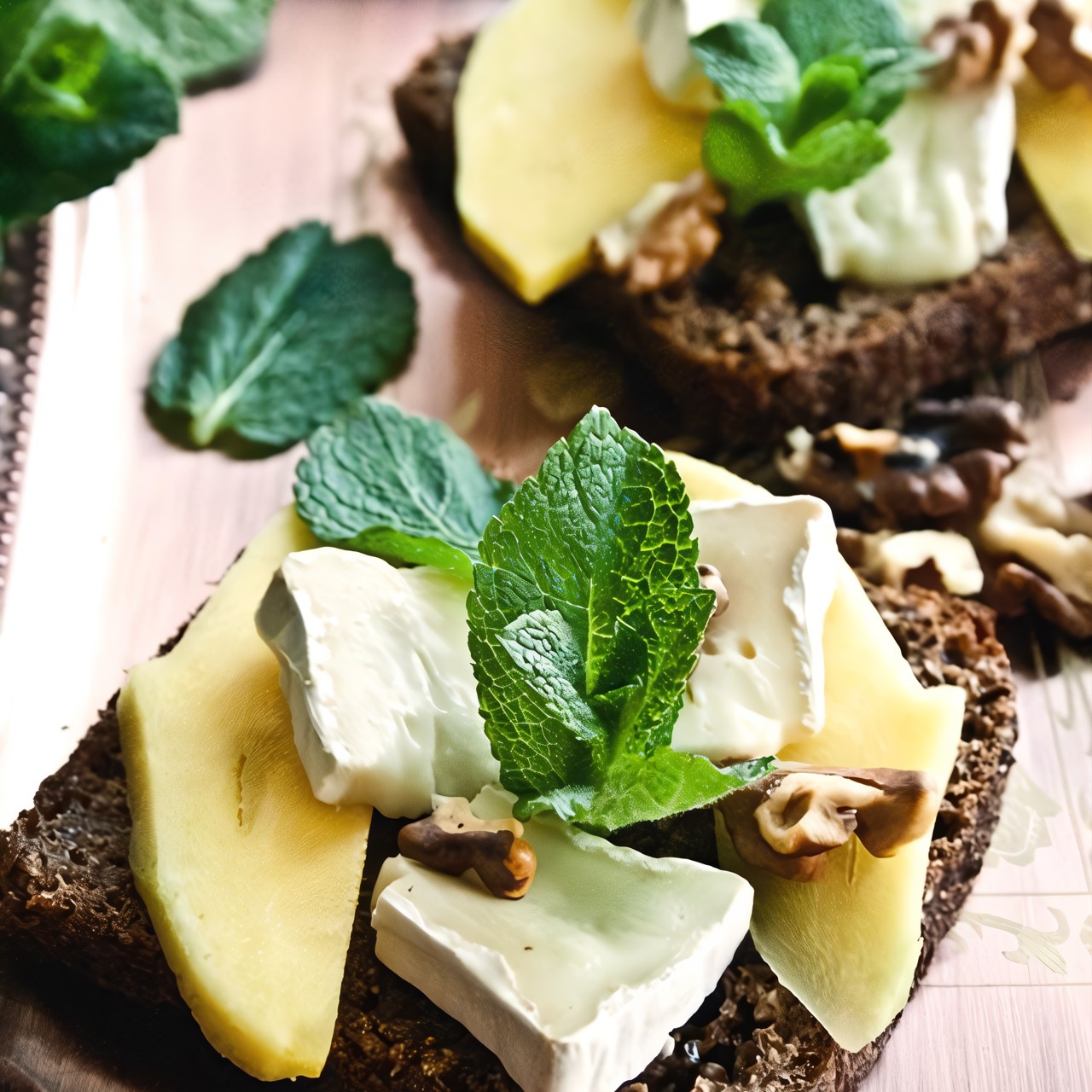 Кростини с манго, бри и мятой