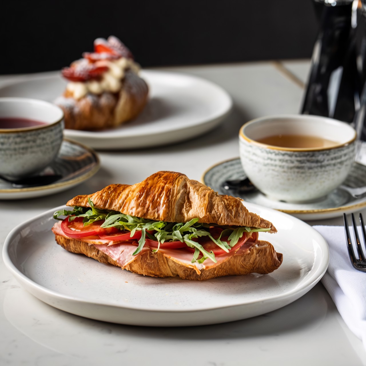 Круассан с окороком, помидорами и творожным сыром