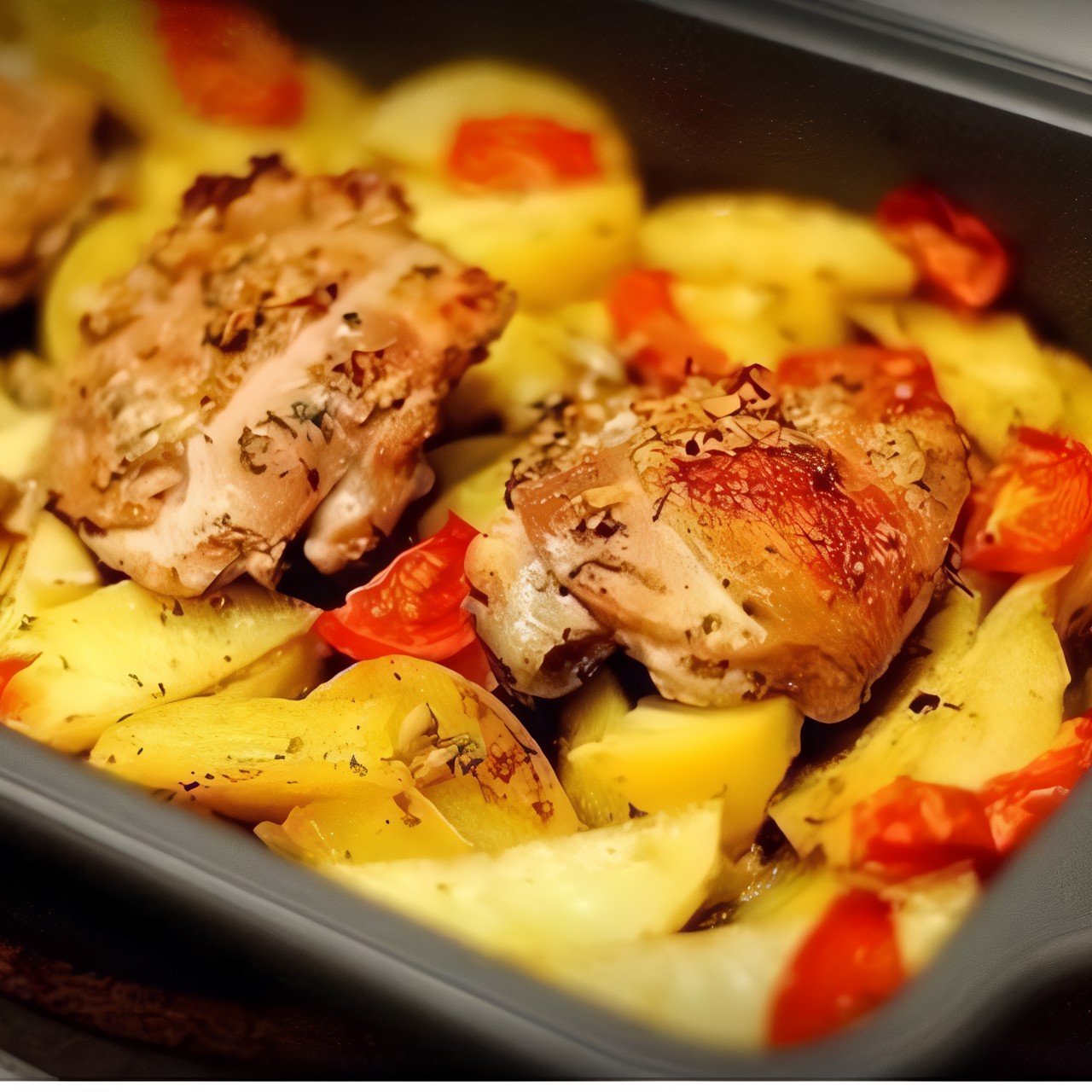 Курица, маринованная в кефире, запеченная с картофелем и травами