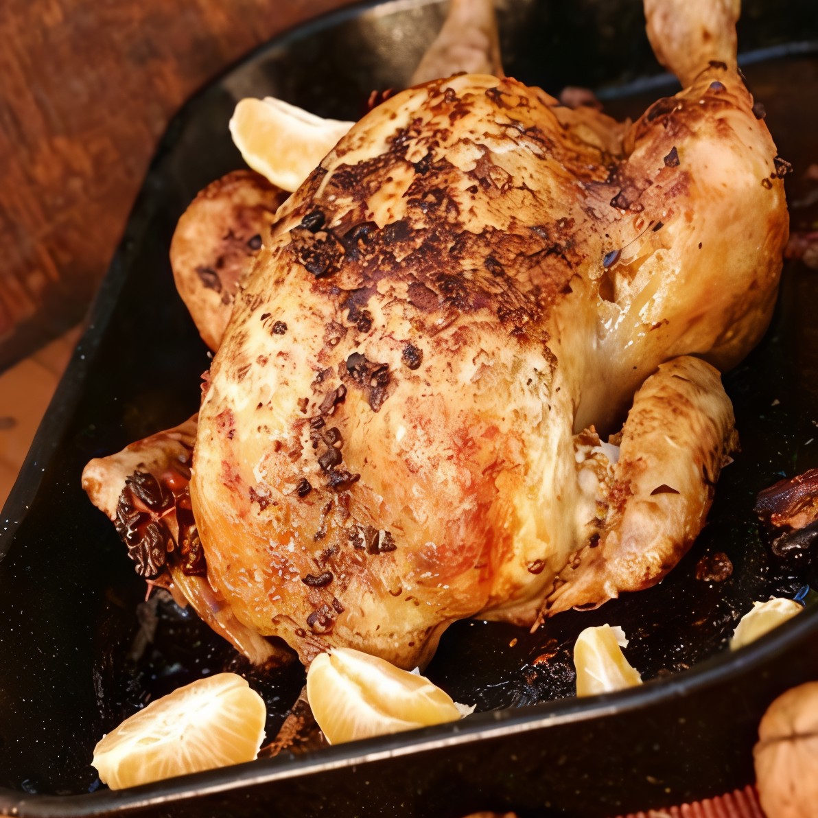 Курица, запеченная с апельсинами, медом, шафраном и анисом с овощами и орехами