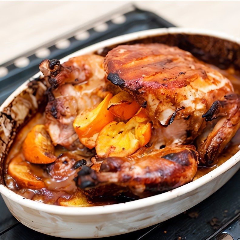 Курица, запеченная с апельсинами, в горчичном соусе