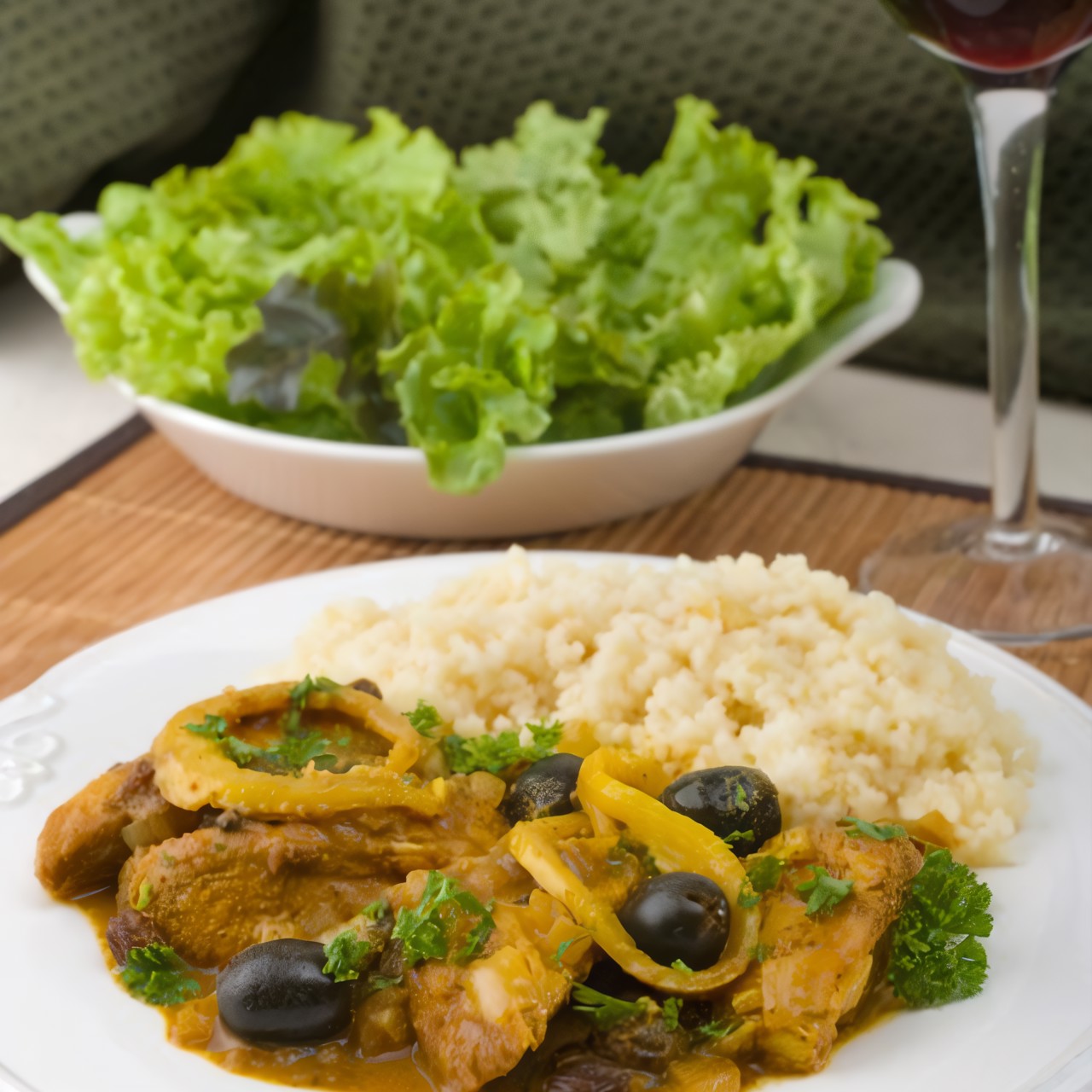 Куриная грудка с хересом, оливками и маслинами