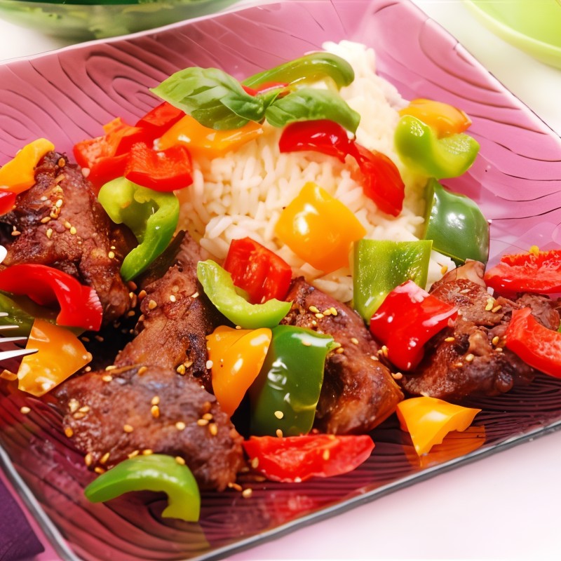 Куриная печень со сладким перцем, редисом и кунжутом