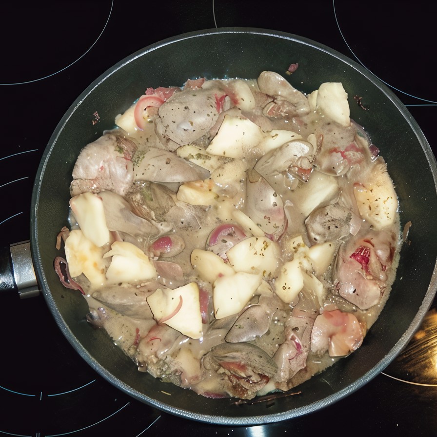 Куриная печень тушеная с яблоком и белым вином