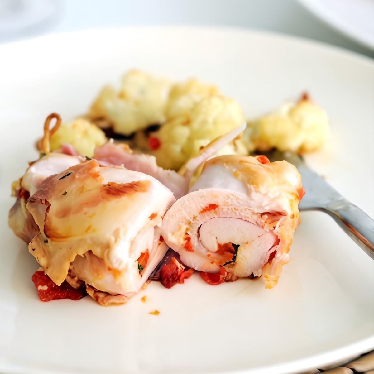 Куриные рулеты с жареными перцами, прошутто и моцареллой