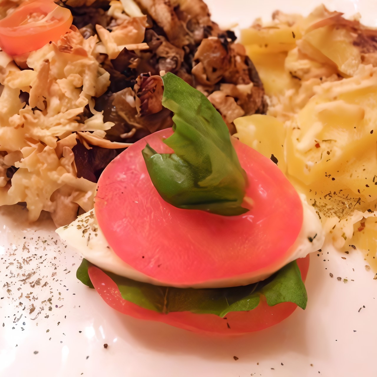 Куриный жюльен в портобелло с запеченным картофелем и капрезе